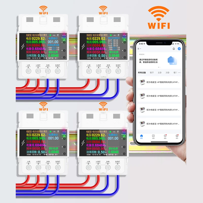 100A WIFI/Bluetooth Rail Smart Switch Remote Control AC 220V 110V Digital Power Energy Volt Amp Kwh Frequency Factor Meter
