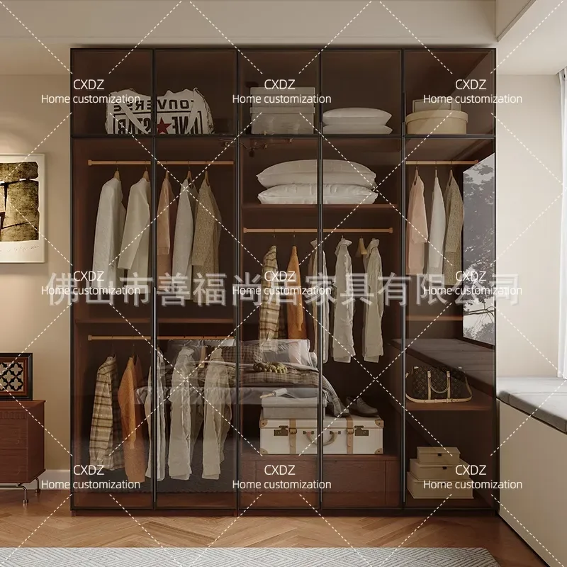 Solid Wood Oak Glass Door Wardrobe Modern Light Luxury Bedroom Storage Cabinet Swing Door Combination Finished Closet