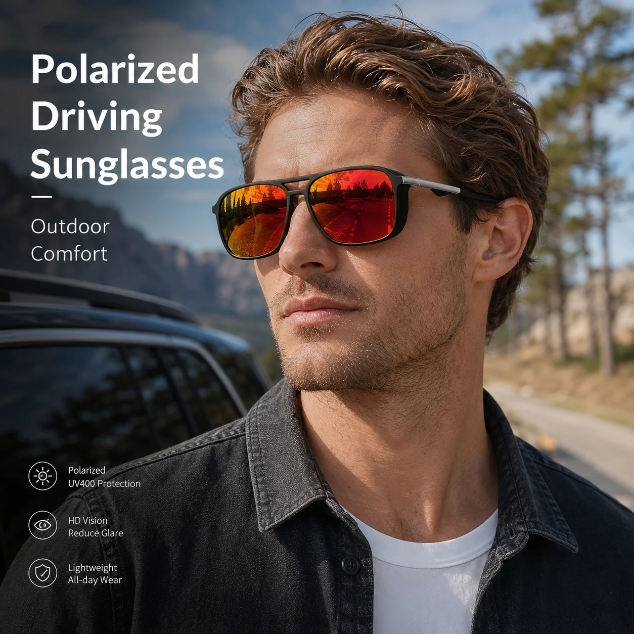 Polarized Driving Sunglasses for Men Retro Double Bridge Square Frame UV400 Anti-Glare Mirror Lens Fishing Outdoor Glasses