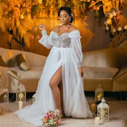 Rhinestone White Wedding Dress Bride Robe Off Shoulder Long Sleeve Side Split A Line Tulle Africa Bridal Shower Dress Customized