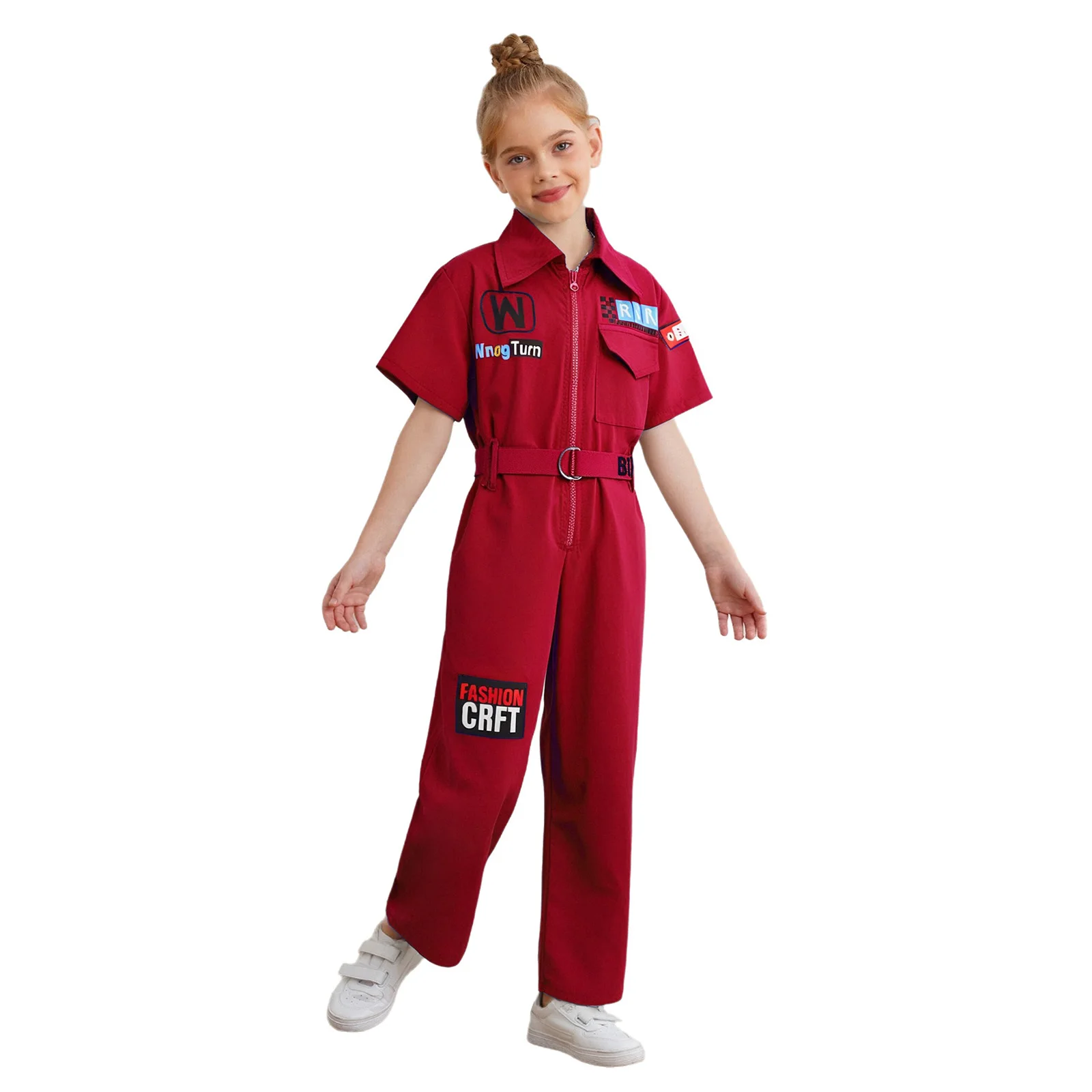 

Kids Girls Boys Coveralls Hip-Hop Street Dance Jumpsuit Cotton Letter Printed Turn-Down Collar Short Sleeve Jumpsuit with Belt