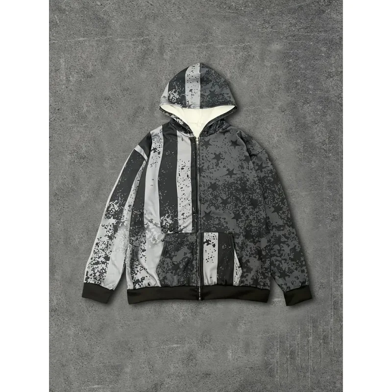 Vintage vintage flag patchwork printed zipper hoodie with star stripe pattern hip-hop street style loose y2k sweatshirt