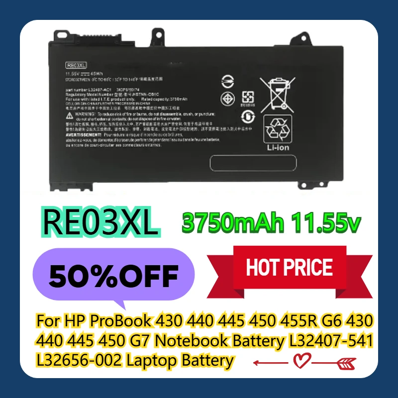 

For HP ProBook 430 440 445 450 455R G6 430 440 445 450 G7 Notebook Battery L32407-541 L32656-002 RE03XL Laptop Battery