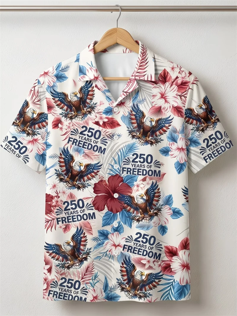 Fashion Men Hawaiian Shirts American Independence Day Shirts For Men Clothes US Flag Lapel Blouse USA 250th Anniversary Shirts