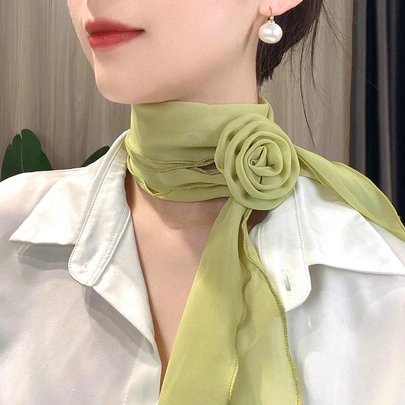 Fashion Rose Flower Silk Scarf Women Soft Chiffon Kerchief Neckerchief Head Hijab Ladies Long Ribbon Tie Scarf Office Clothes