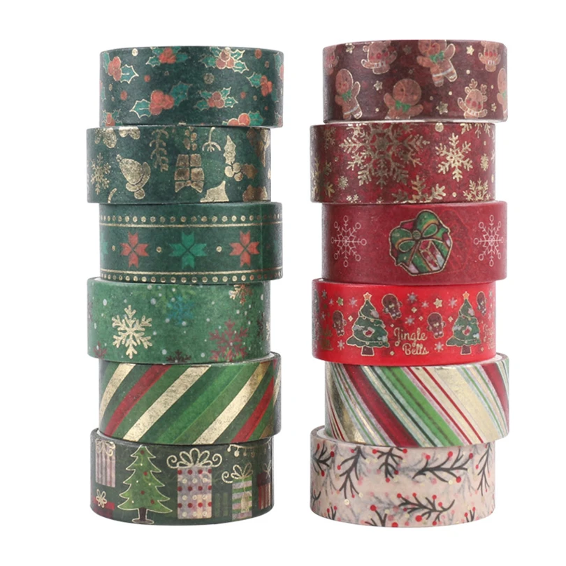 12Pcs Christmas Washi Tape Set Navidad Washi Tapes Journal Supplies Gold Foil Decorative Adhesive Tape Scrapbooking Masking Tape