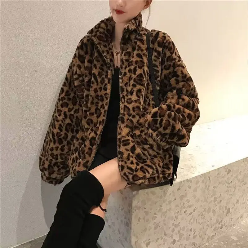 Abrigo corto informal con cremallera y estampado de leopardo para mujer, Otoño e Invierno