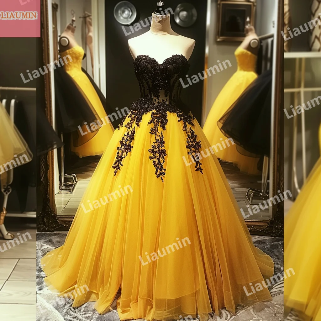 A Line Custom Hand Made Yellow Tulle Black Lace Applique Lace Up Strapless Evening Prom Party Dresses Formal CLothing W15-46.3