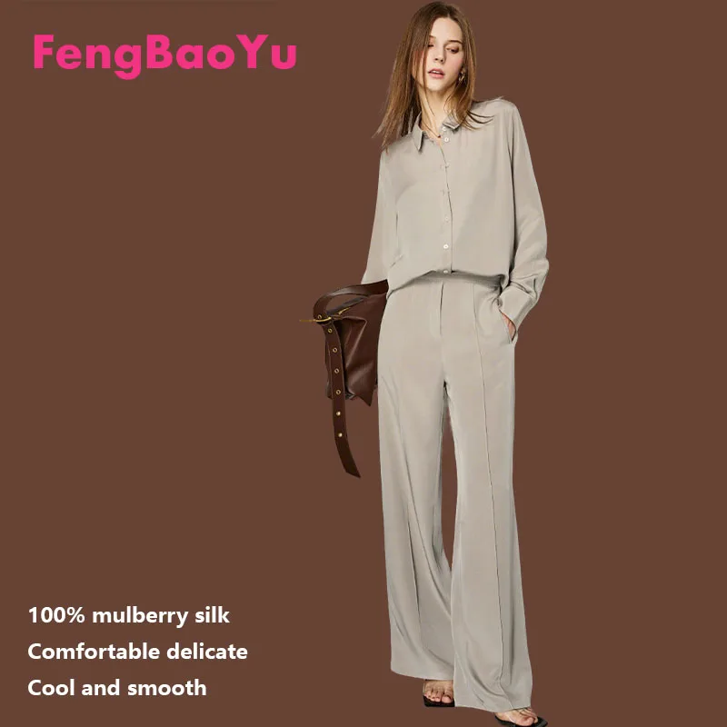 

Комплект Fengbaoyu из 100% натурального шелка для женщин: рубашка с длинным рукавом и прямые брюки, 2 предмета, однотонные, удобный повседневный дизайн