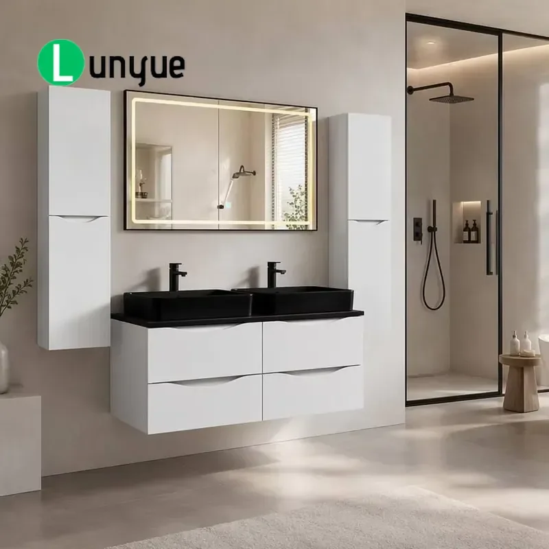 Modern 1200mm White Double Sink Floating Bathroom Vanity with LED Mirror Luxury Wall Hung Cabinet Set for Villa Bedroom Eco