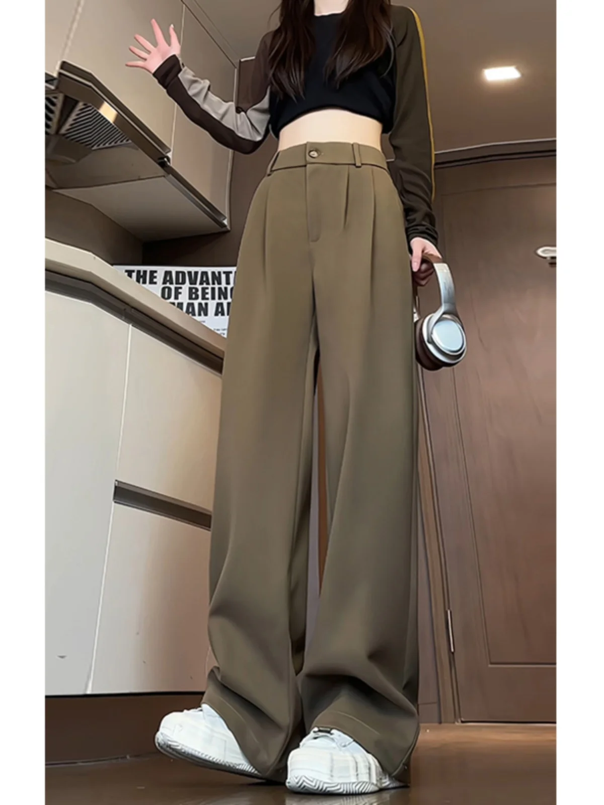 

High Waist Men's Woolen Trousers Straight Leg Loose Wide Leg Pants Drapey American Sle Casual Pants Youthful Energy