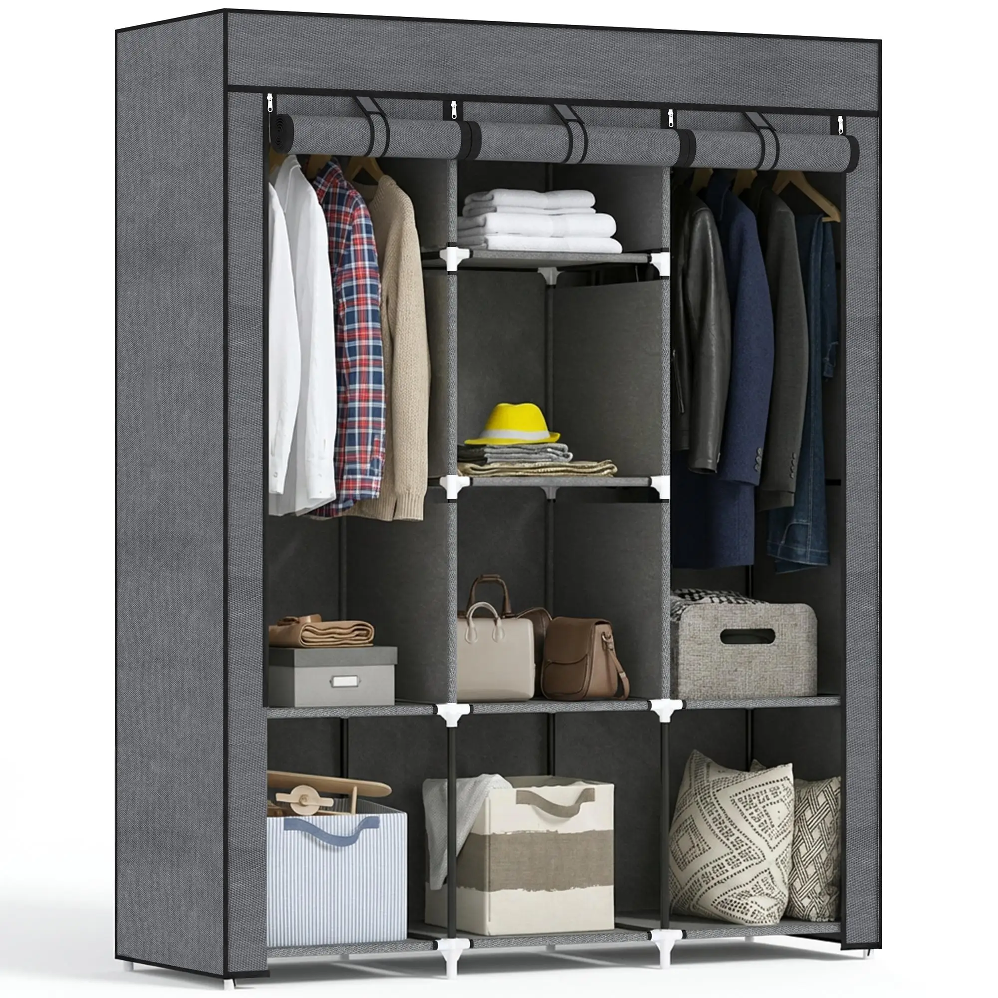 Armoire HOMCOM en tissu non tissé avec 8 étagères et 2 barres à vêtements, 125x43x162,5 cm, gris foncé