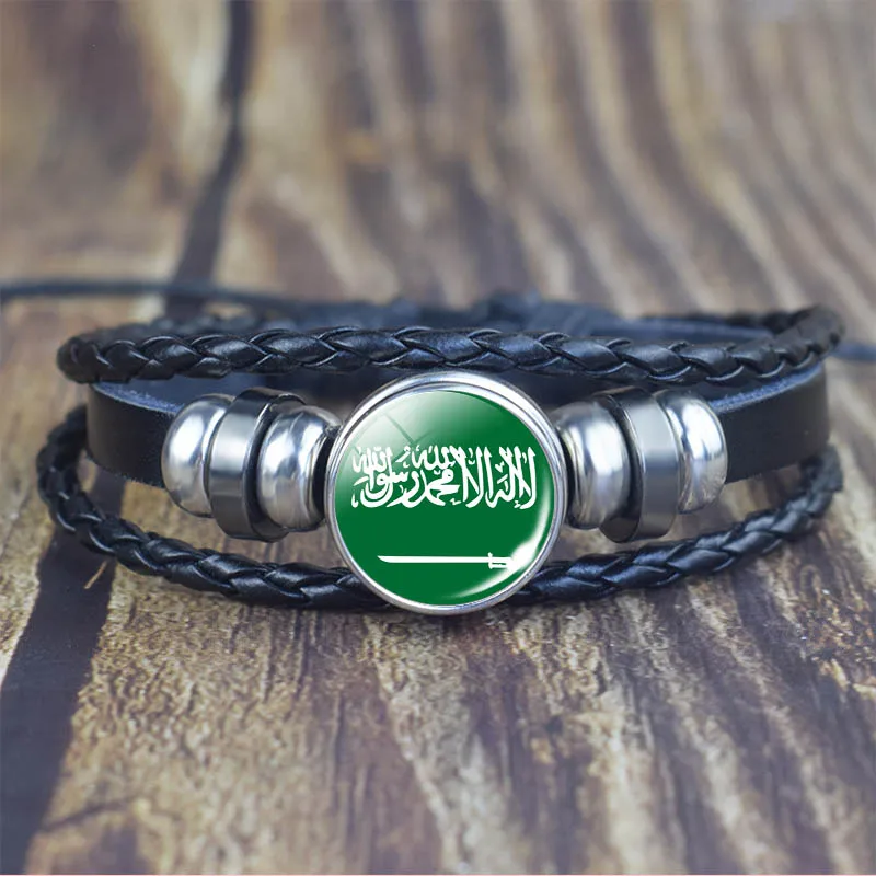 Arab Countries Flag Black Multi-Layered Braided Bracelets Saudi Arabia Palestine Algeria Egypt Flag Leather Bracelet Travel Gift