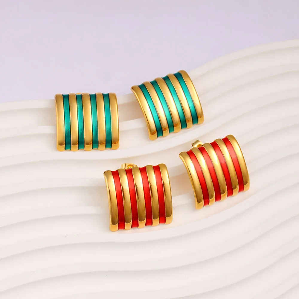 DIY accessories 18K Gold Stainless Steel Threaded Square Earrings European and American Internet celebrities Square Big Wave Epo