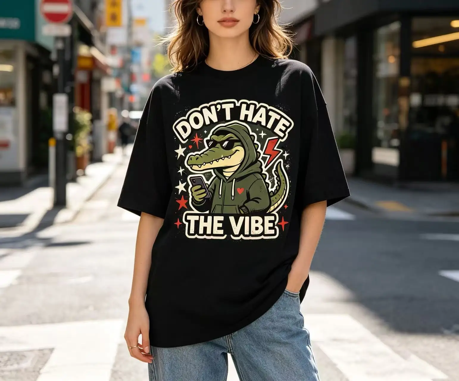 Unisex Don't Hate The Vibe Cool Hooded Crocodile With Sunglasses Cartoon Graphic T Shirt Men Women Trendy Animal Print Oversized Tee