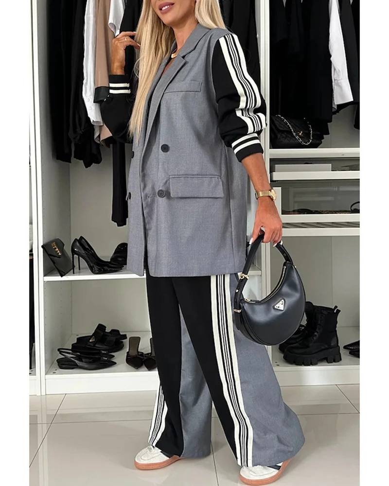 여성 우아한 2 조각 느슨한 정장 세트 복장 긴 소매 스트라이프 더블 브레스트 블레이저 탑과 캐주얼 와이드 레그 바지 세트