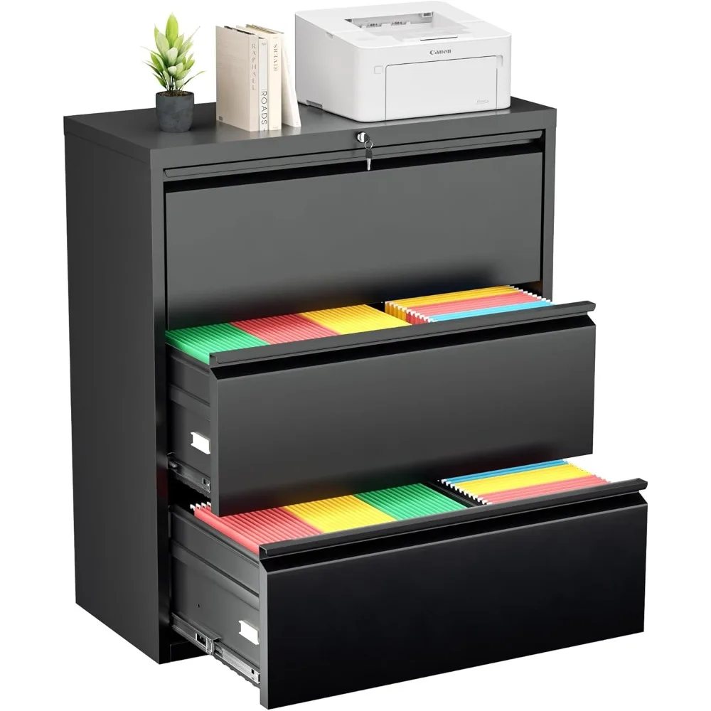 

Lateral File Cabinet with Lock,3 Drawer Metal Filing Cabinet for Home Office, Black Steel Lateral File Drawers