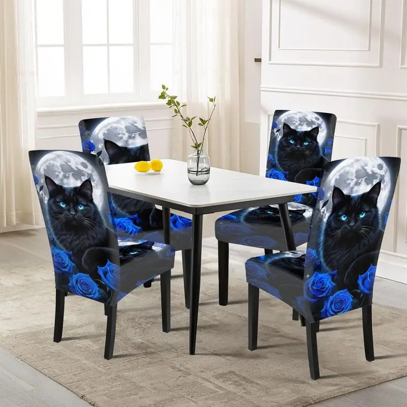 

2D-чехол для стула с плоской печатью, с рисунком черной кошки и синих роз, подходит для дома, отеля, ресторана.