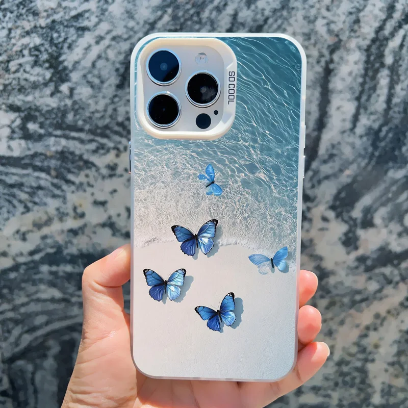 Blaue Schmetterling-Ozeanwellen-Handyhülle für iPhone 14 13 12 11 Pro Max 17 16 15 Pro Max 13 Mini 16 14 Plus Stoßfeste Laser-Cover – Detail 8