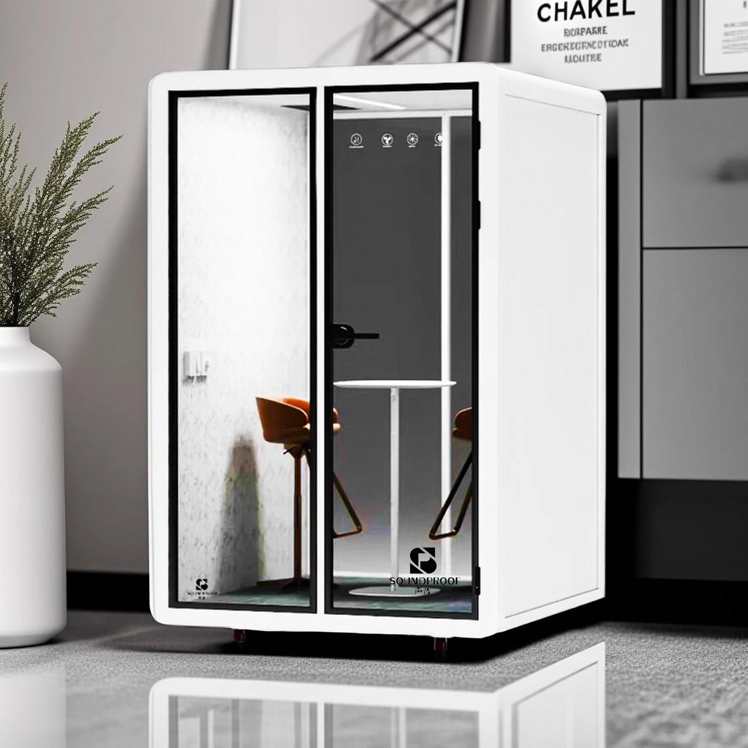 Large portable modular office pod indoor and outdoor noise reduction meeting booth to provide sound absorption for busy