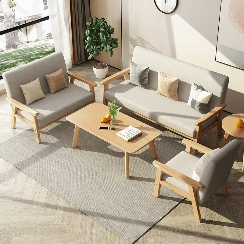for Solid Wood Fabric Sofa Living Room Simple Modern Single Chair Three Person Office Rental Room Home Log Color