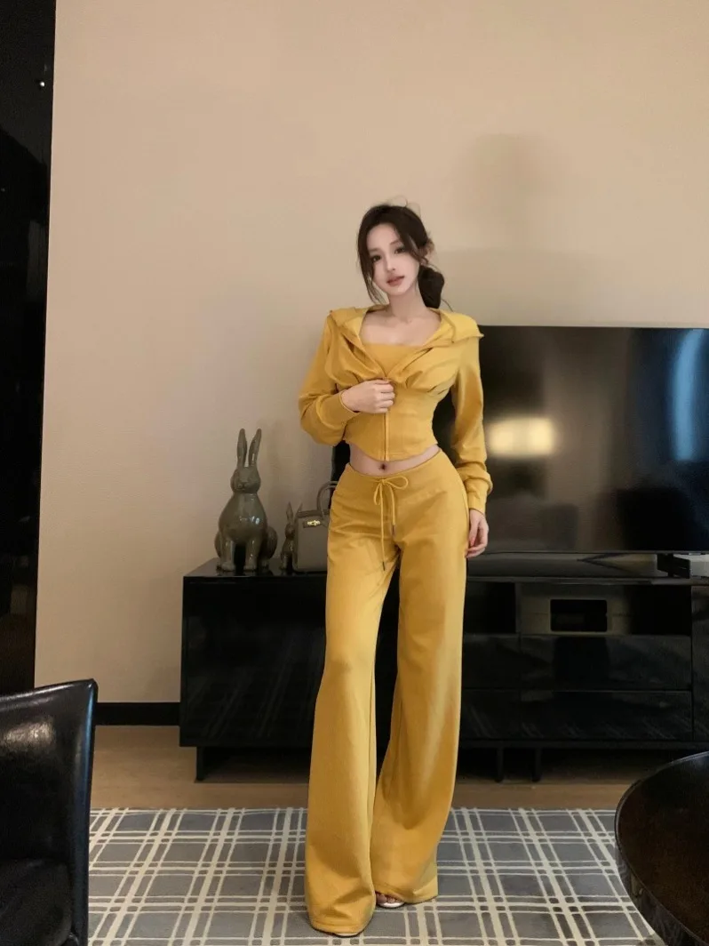 

Sporty Three-Piece Set Women's Hoodie Top Drawstring Casual Pants High Waist Long Trousers Comfortable Breathable Fashionable