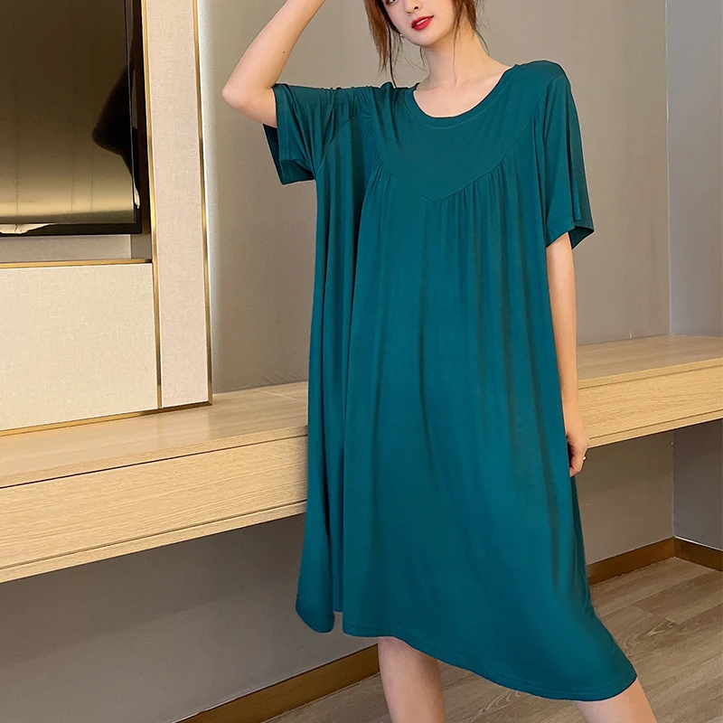 Thin Soft Modal Nightdress New Summer Women Nightgown Sleepwear Short Sleeve Long Home Dress Loungewear Loose Nightwear Bathrobe