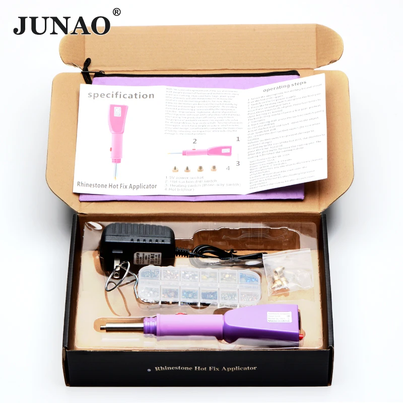 

JUNAO Fast Heated Hotfix Rhinestone Set Pink Style Applicator Glass Iron On Wand Heat-fix Tool Gun For Clothes Shoes Jeans