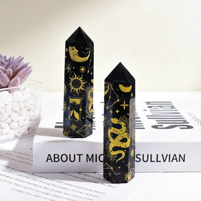 1PC Natural Obsidian Crystal Point Wand Sun Moon Star Home Decor Mineral Specimen Obelisk Tower Holiday Gift Collectible