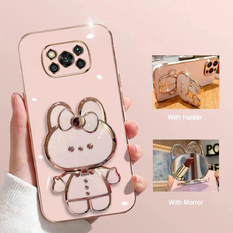 For Xiaomi Poco X3 Nfc Pro Phone Case Soft Silicone Solid Color Plating Cartoon Rabbit Fold Stand Makeup Mirror Bracket Cover