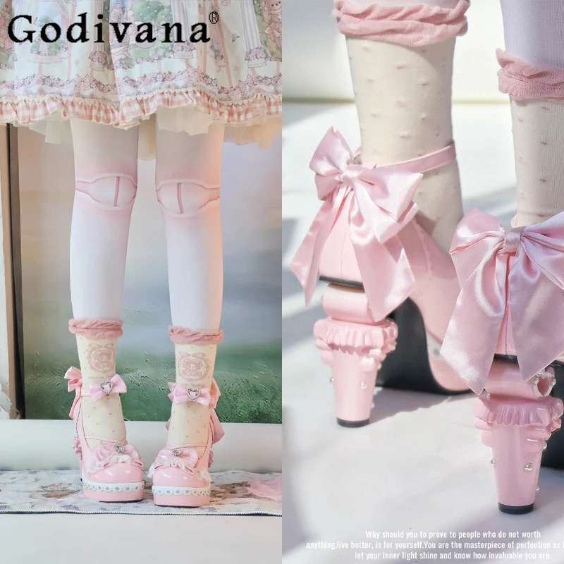 

Original Lolita Princess Pink High Heels Pumps Autumn New Girls Women's Sweet Elegant Cute Bow Lo Shoes Sweet Mary Jane Flats