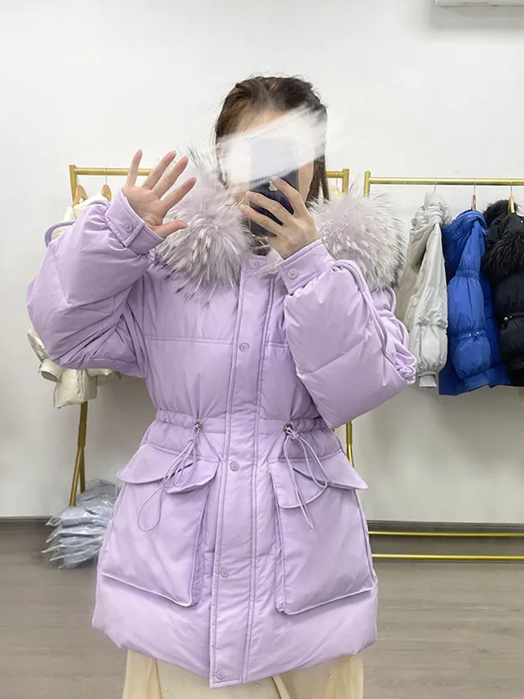 Novo inverno grande real pele de guaxinim com capuz pato para baixo jaqueta de enchimento feminino solto à prova dwaterproof água puffer casaco engrossado quente macio parka