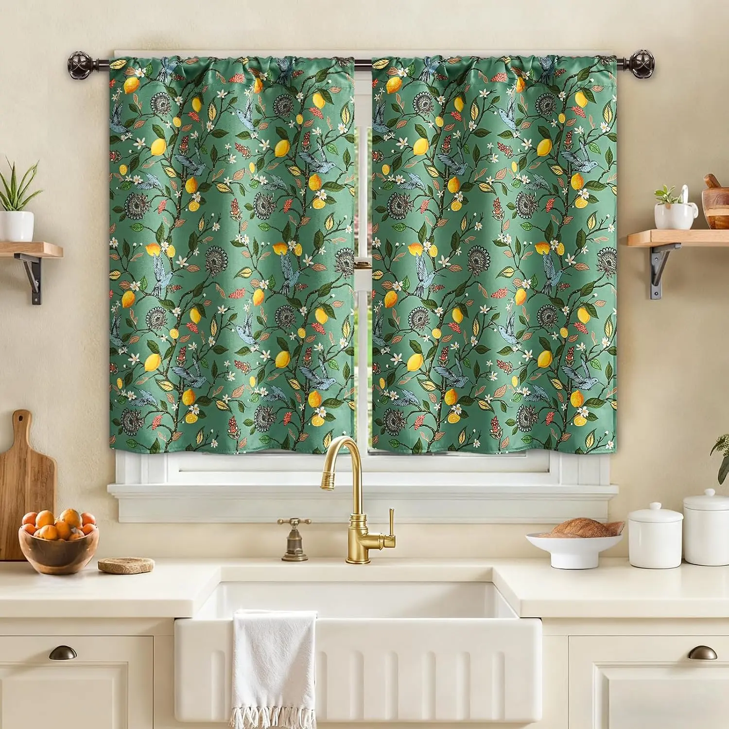Decorative Lemon Print Curtains Green Botanical Floral Pair Window Curtain Waterproof for Living Room Bedroom Teal Citrus Patter