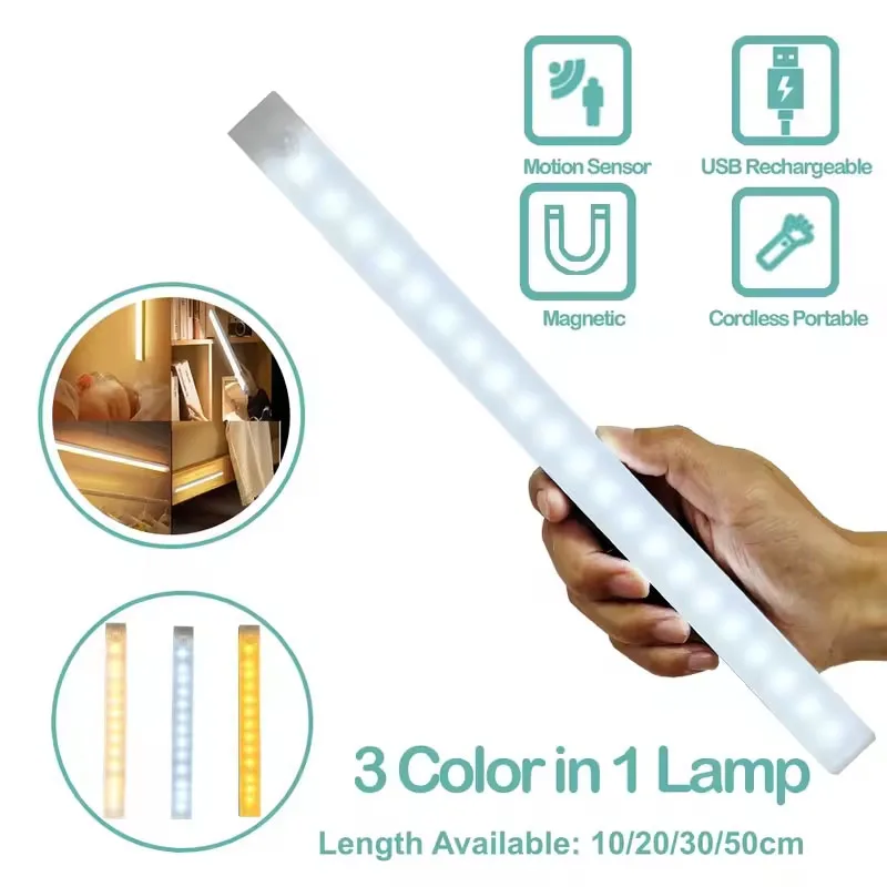 

Светодиодный беспроводной датчик движения, ночник, перезаряжаемый барный светильник, 3 цвета в 1, лампа, беспроводная магнитная лампа для шкафа для кухни