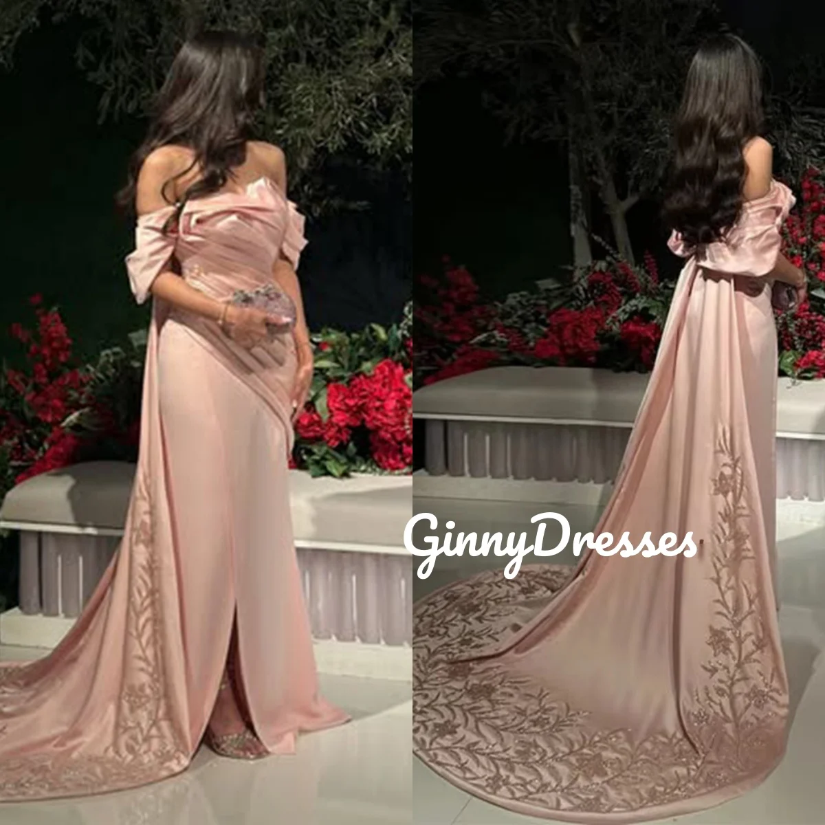 

A-Line Pink Customize Evening Dress One-Shoulder Floor-Length Dresses For Special Events Beadings Short Sleeves Zipper Up Vestid