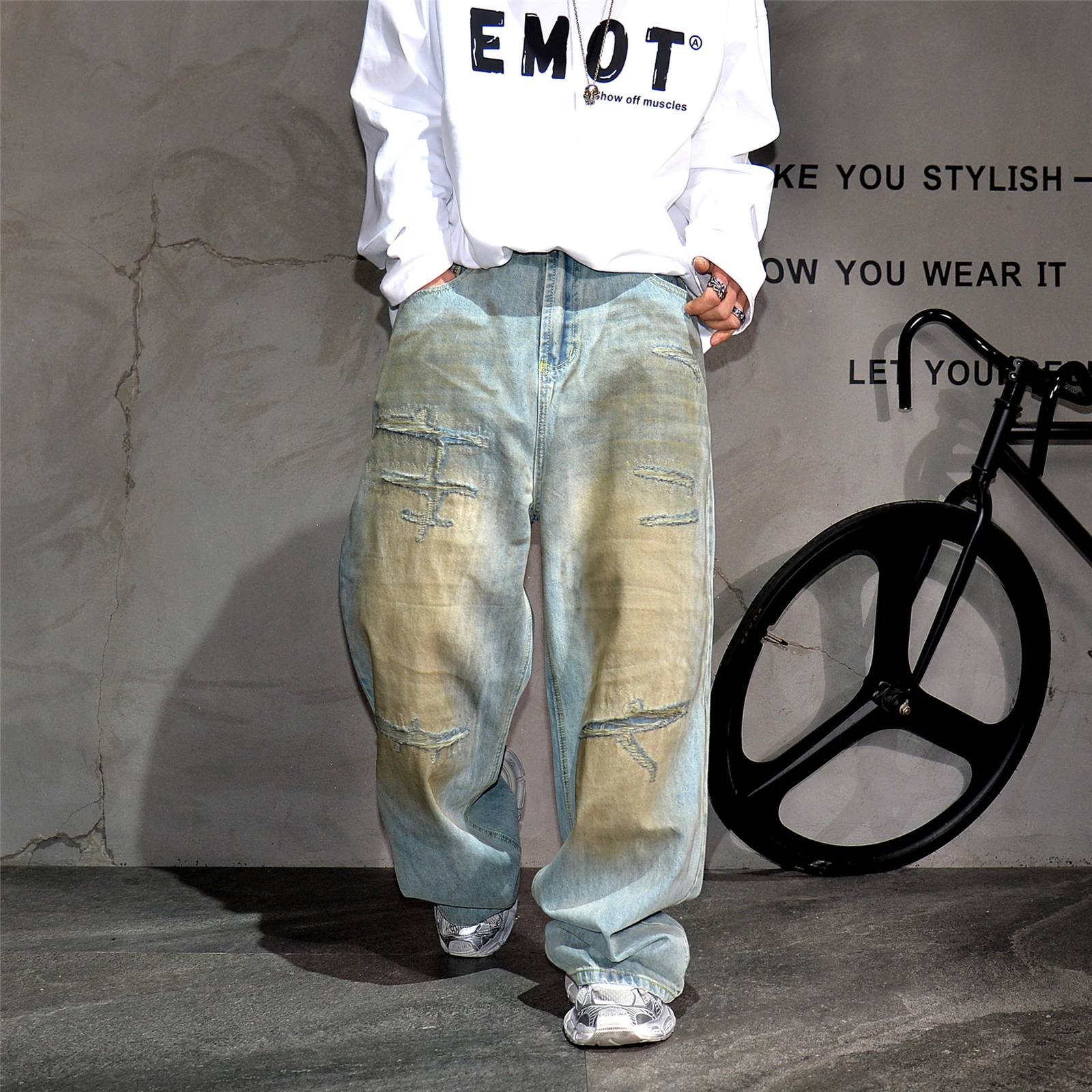 High End Men'S Clothing Distressed Baggy Jeans For Men Hip Hop Beggar Ripped Stacked Jeans Streetwear Skateboard Denim Pants