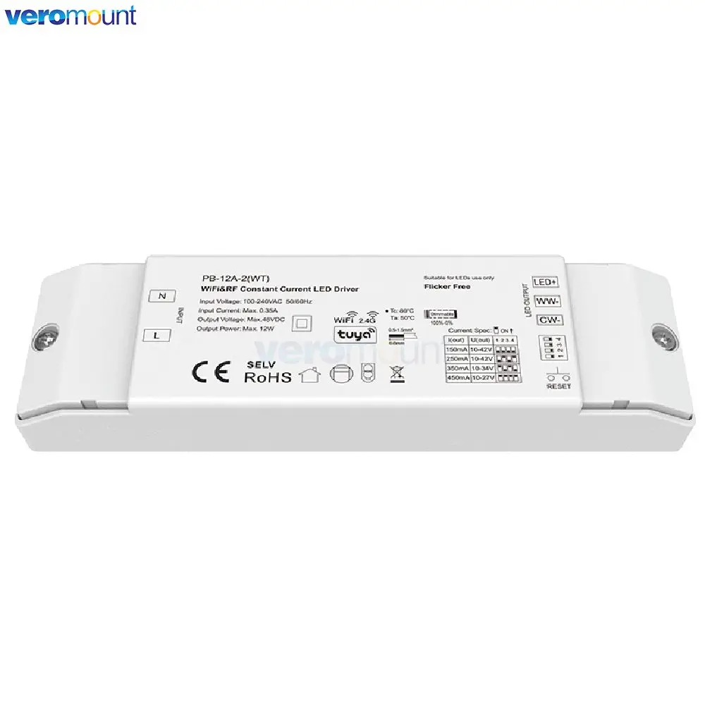 Skydance 10-42V DC 2CH*(150-450)mA 12W WiFi Tuya APP & 2.4G RF Wireless CCT Constant Current LED Driver PB-12A-2(WT) for CCT LED