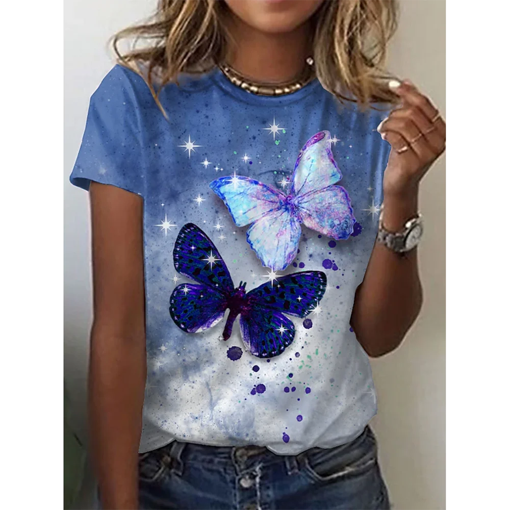 Summer Round Neck 3d Print Butterfly T-Shirt  Women's Tees Fashion Short Sleeve Tops Fashion Y2k Streetwear Oversized Clothes