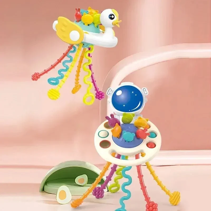 Cartoon Duck Astronaut Pull String Montessori Activity Development Silicone Teething Sensory Grip Training Early Educational Toy