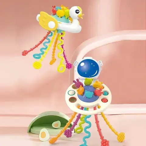 Cartoon Duck Astronaut Pull String Montessori Activity Development Silicone Teething Sensory Grip Training Early Educational Toy
