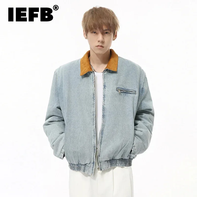 

IEFB American Style Men's Denim Jackets Patchwork Washed Turn-down Collar Contrast Color Washed Vintage Male Coats Autumn 9C8316