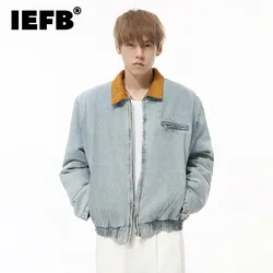 IEFB American Style Men's Denim Jackets Patchwork Washed Turn-down Collar Contrast Color Washed Vintage Male Coats Autumn 9C8316