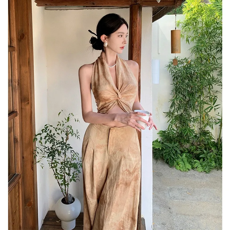 

2025 Summer New Chinese Style Two Piece Sets Slim Fit Sleeveless Halter Vest Fashion High Waist Loose Wide Leg Pants Women M283