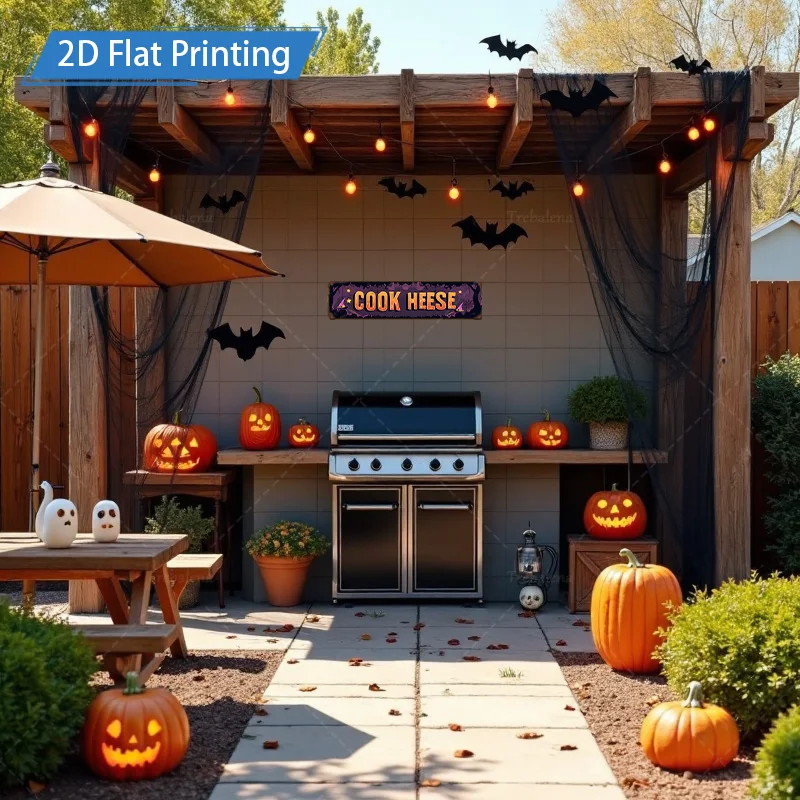 1pc 8x12inch Metal Sign Halloween "COOK HESE" Sign, 2D Flat Printing, Festive Pumpkin & Bat Decor
