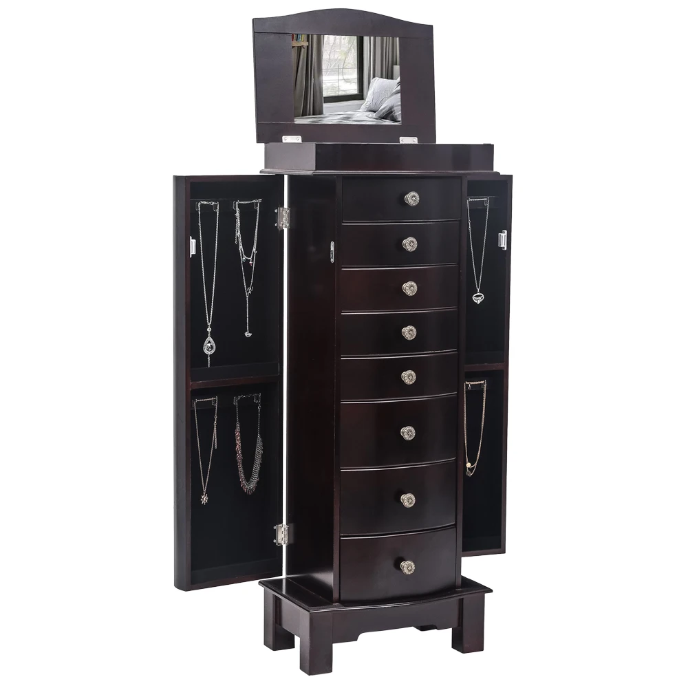 Jewelry Armoire with Mirror, 8 Drawers & 16 Necklace Hooks,  2 Side Swing Doors(Brown)