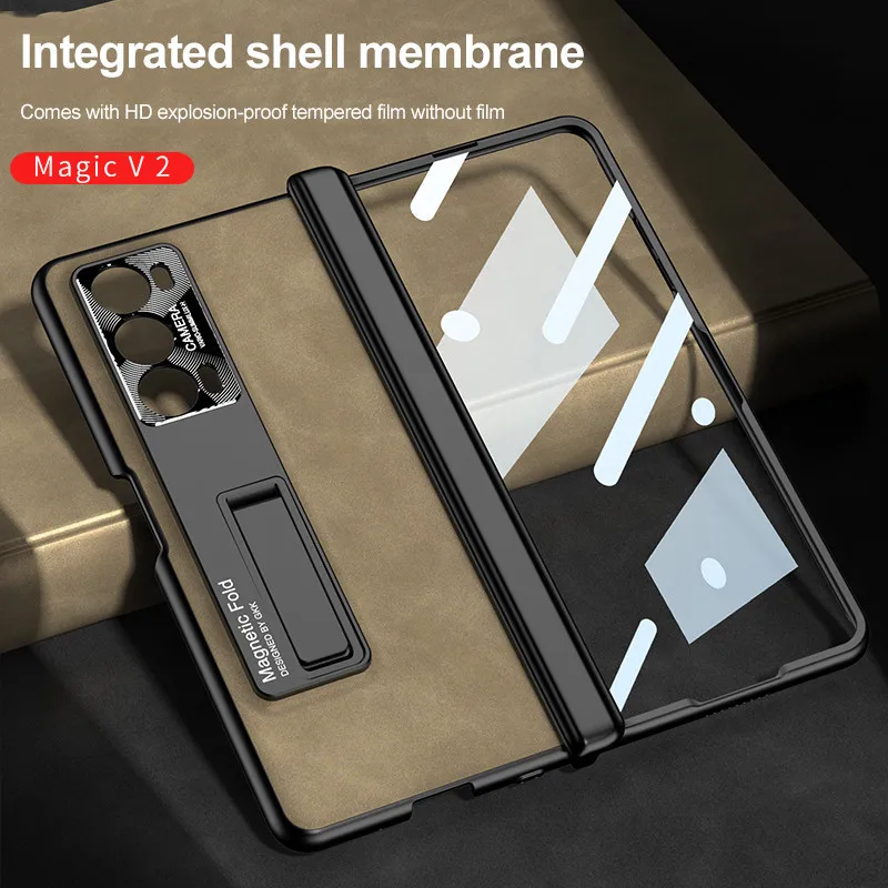 Magnetic Hinge Protection Frosted Leather Phone Case For Honor Magic V2 With Kickstand Glass Film Screen Protector
