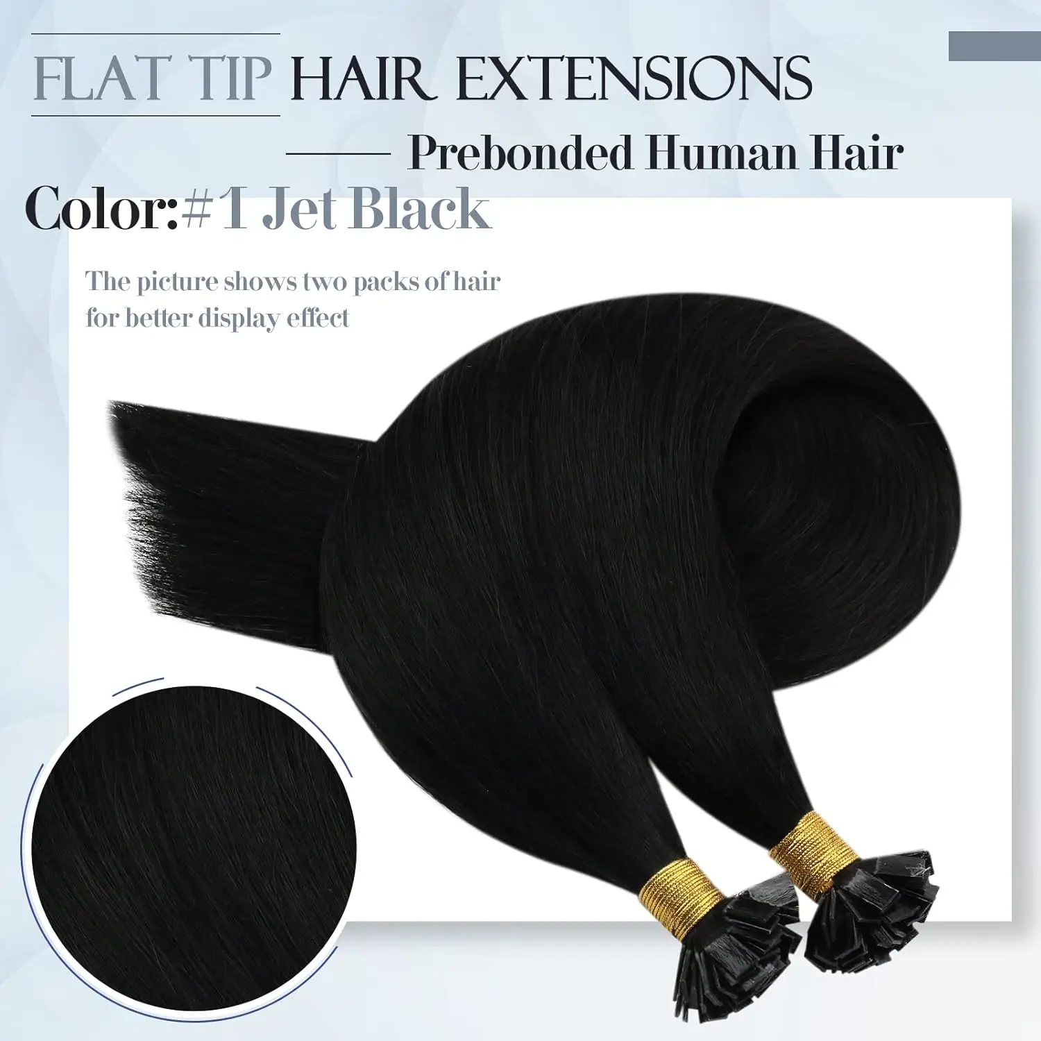 Extensiones de cabello de punta plana negra #1, cabello humano de fusión caliente, extremo grueso, prepegado