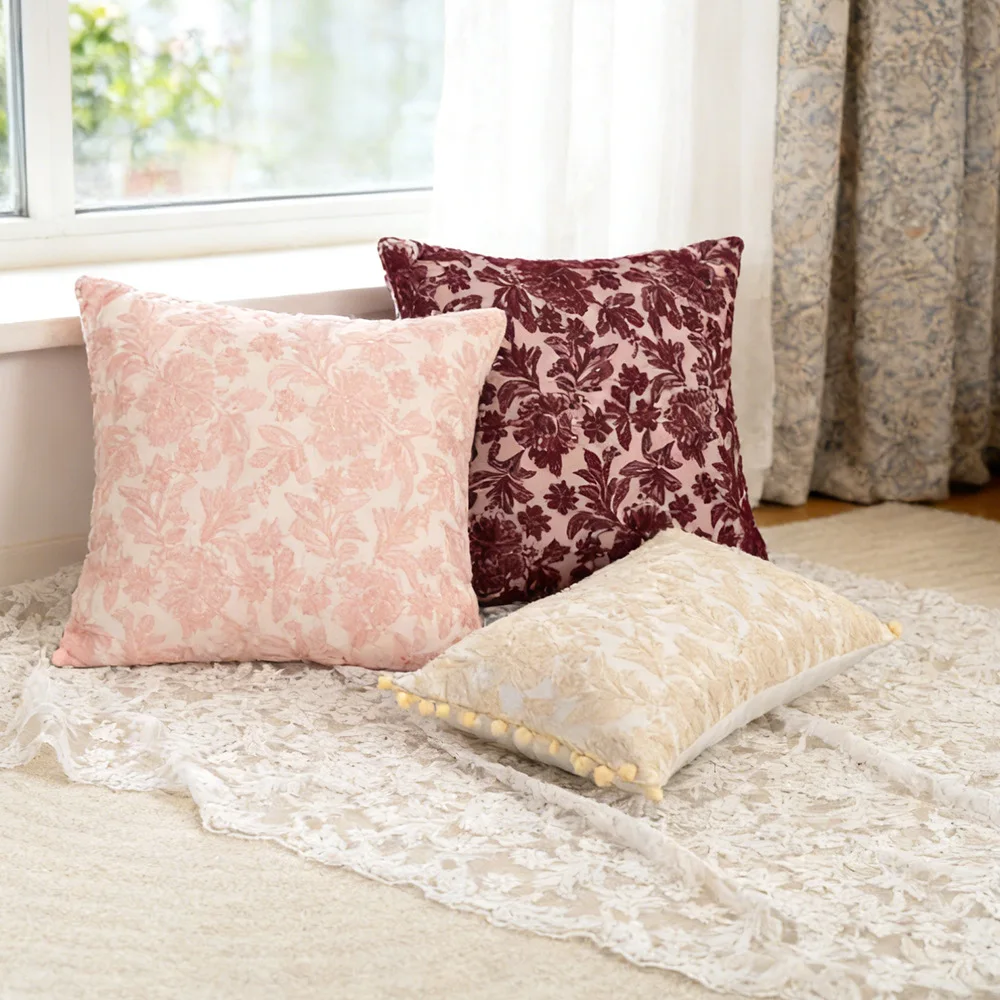 2-Pack French Lace Flower Embroidered Cushion Covers Boho Luxury Cotton Linen Pillowcases for Sofa Living Room Bedroom Decor