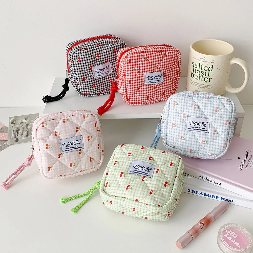 INS Fashion Square Cherry Makeup Bag Cute Girls Portable Large Capacity Travel Washbag Sanitary Cotton Storage Bag Women Gifts - view 4