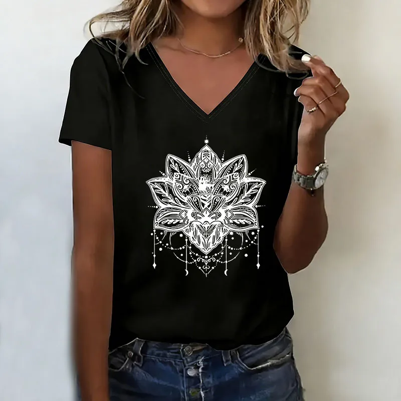 Vintage Art Flower Printed T-shirt V Neck Casual Fashion Y2k T Shirts Women Short Sleeve Tee Shirt V-Neck Summer Spring